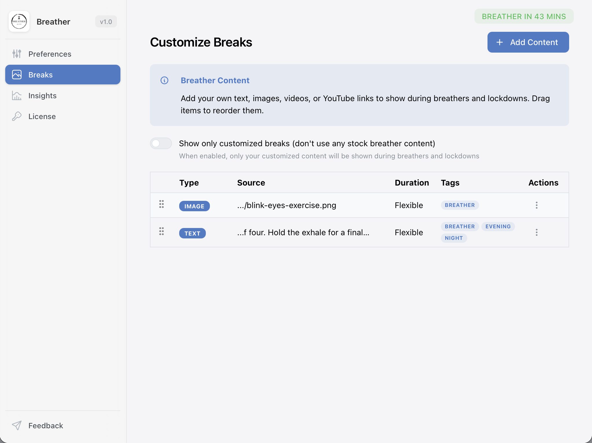 Custom break content configuration showing media items